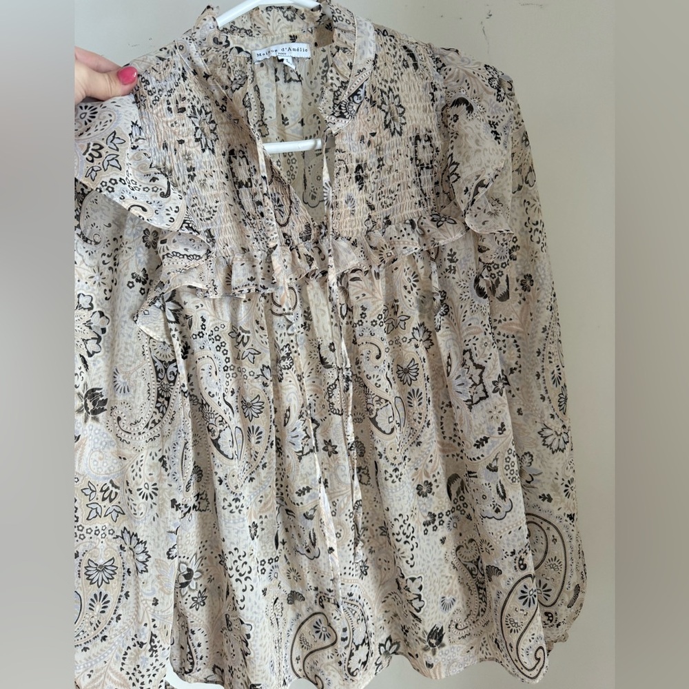 Rolla's Paisley Smocked Ruffle Blouse in Beige